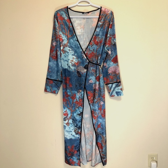 Beautiful Kimono maxi dress teal floral stain design dress feitong EUC - Picture 3 of 9